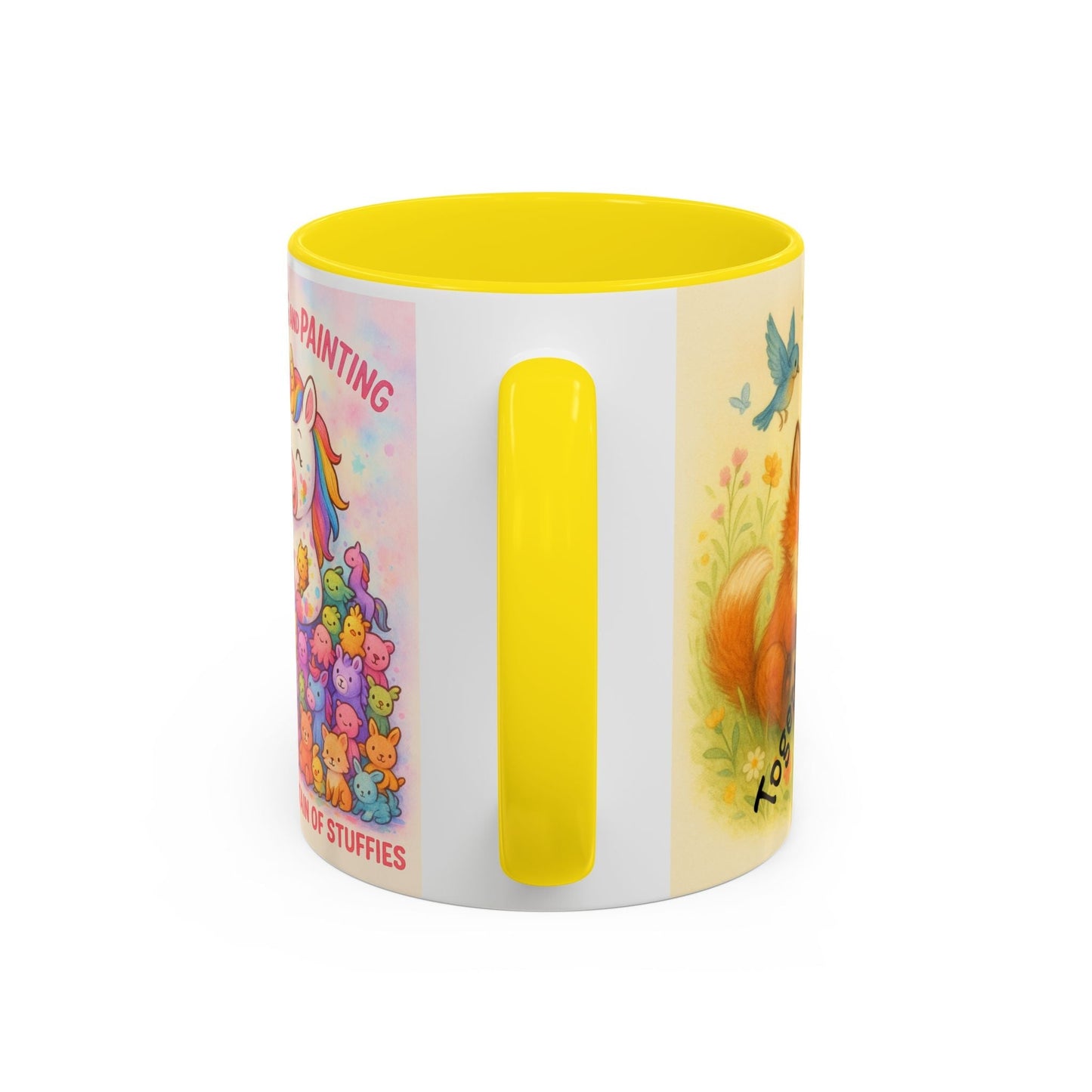 Whimsical Cat Mug with playful cat and unicorn design, vibrant artwork, yellow handle and interior, perfect for cat lovers and creatives.