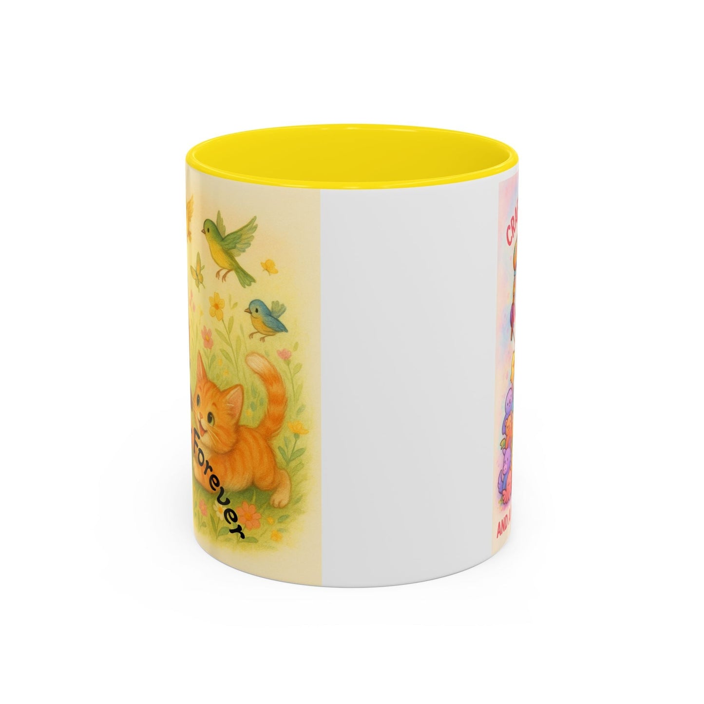 Whimsical Cat Mug with playful cat and unicorn design, yellow interior, perfect gift for cat lovers and creatives.