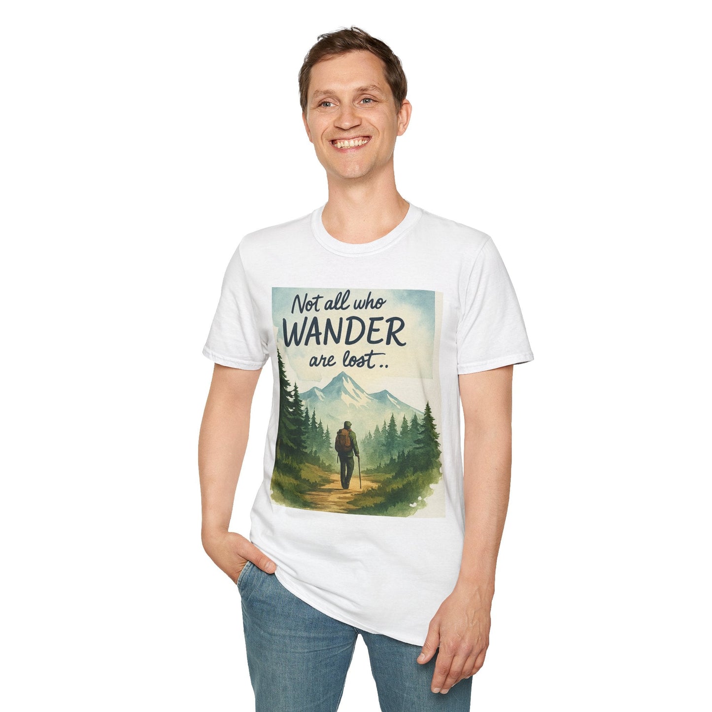 Montana-Inspired Adventure Tee with scenic graphic for nature fans, featuring a nature-themed print and text "Not all who wander are lost".
