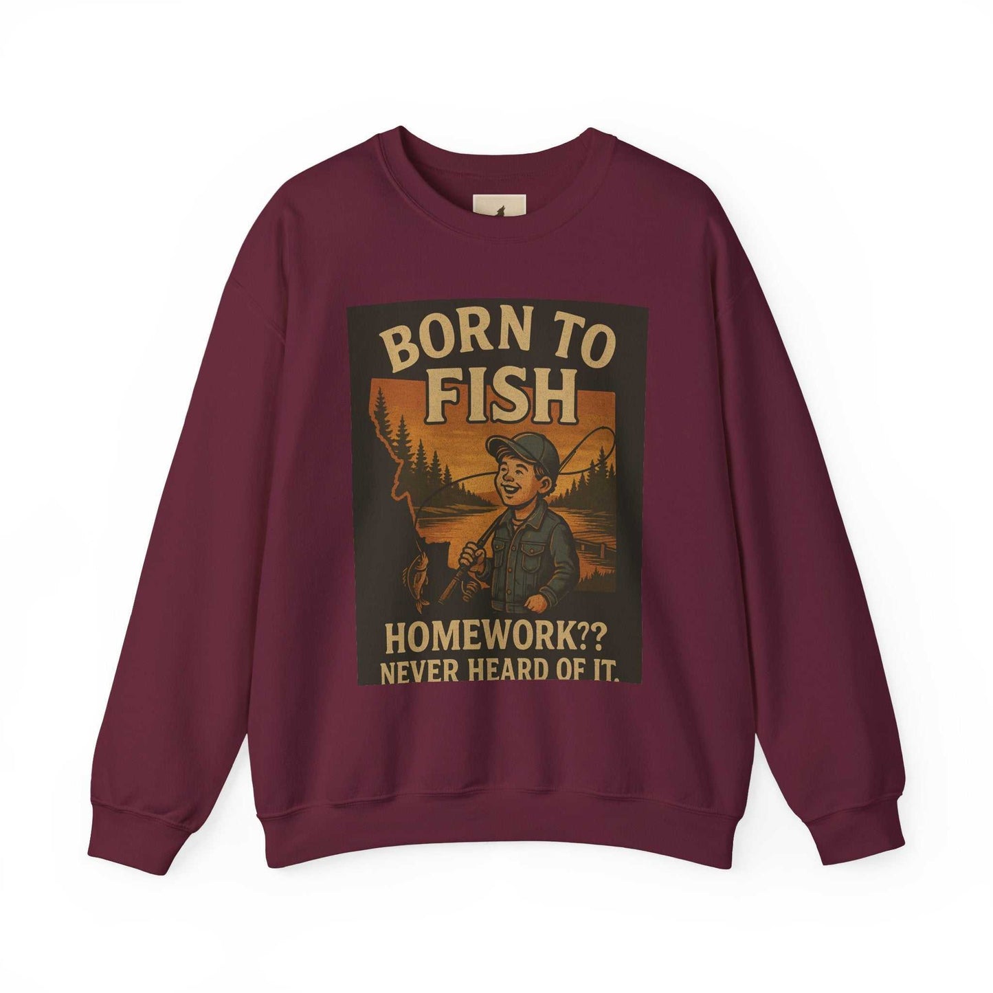 Born to Fish Sweatshirt with angler design, maroon color, perfect for fishing enthusiasts.
