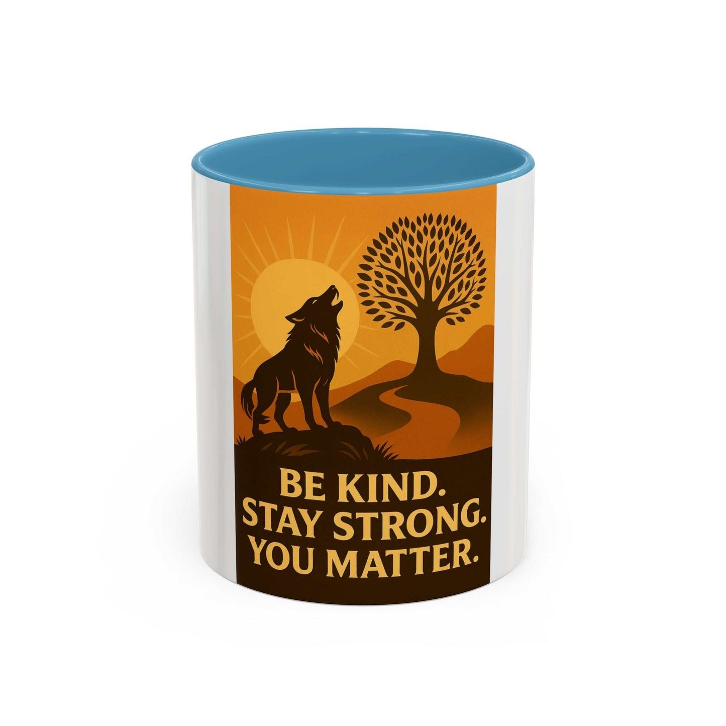 Inspirational Wolf Coffee Mug with motivational design, illustrating a wolf under a tree during sunrise, available in 11oz and 15oz sizes.