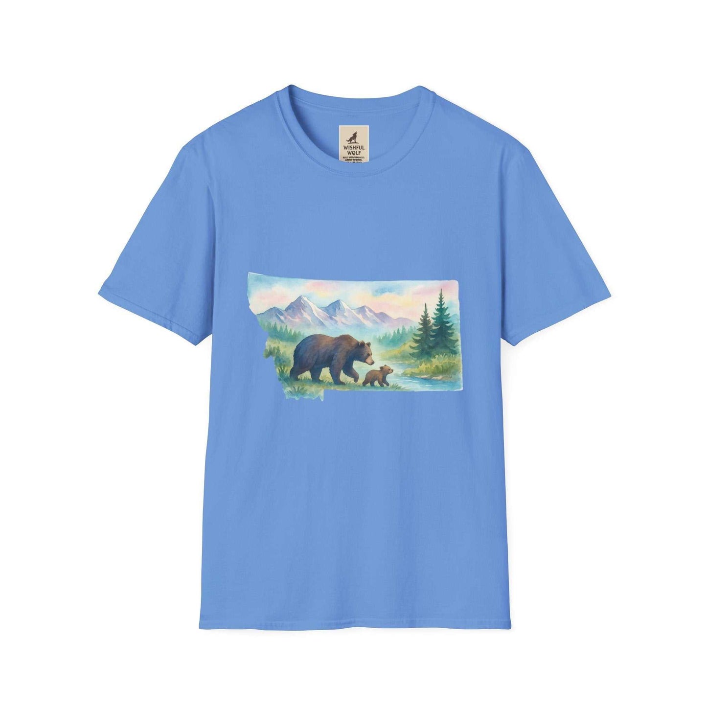 Montana Adventure Tee with vintage bear graphic against mountain backdrop, ideal for nature lovers.