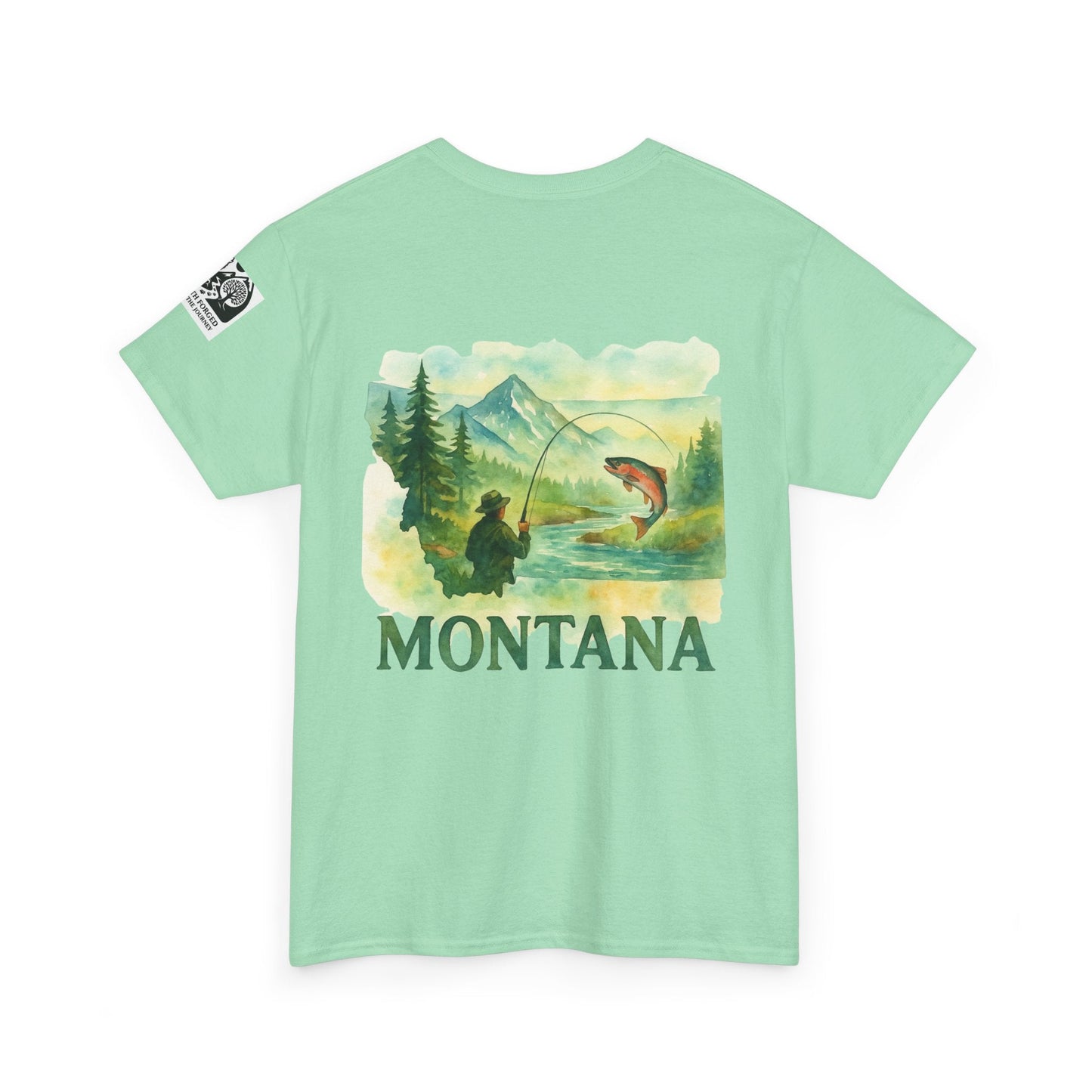 Montana Fishing Tee with nature and fishing graphic on mint green shirt.