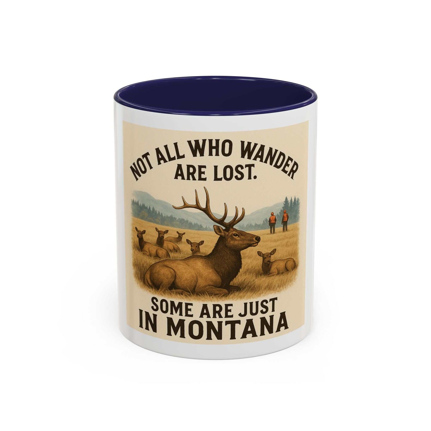 Montana Adventure Mug with rustic elk design and mountainous backdrop.