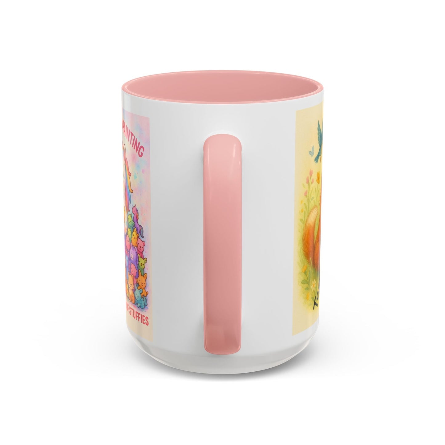 Whimsical Cat Mug with playful unicorn and cat design, pink handle, creative gift for cat lovers.