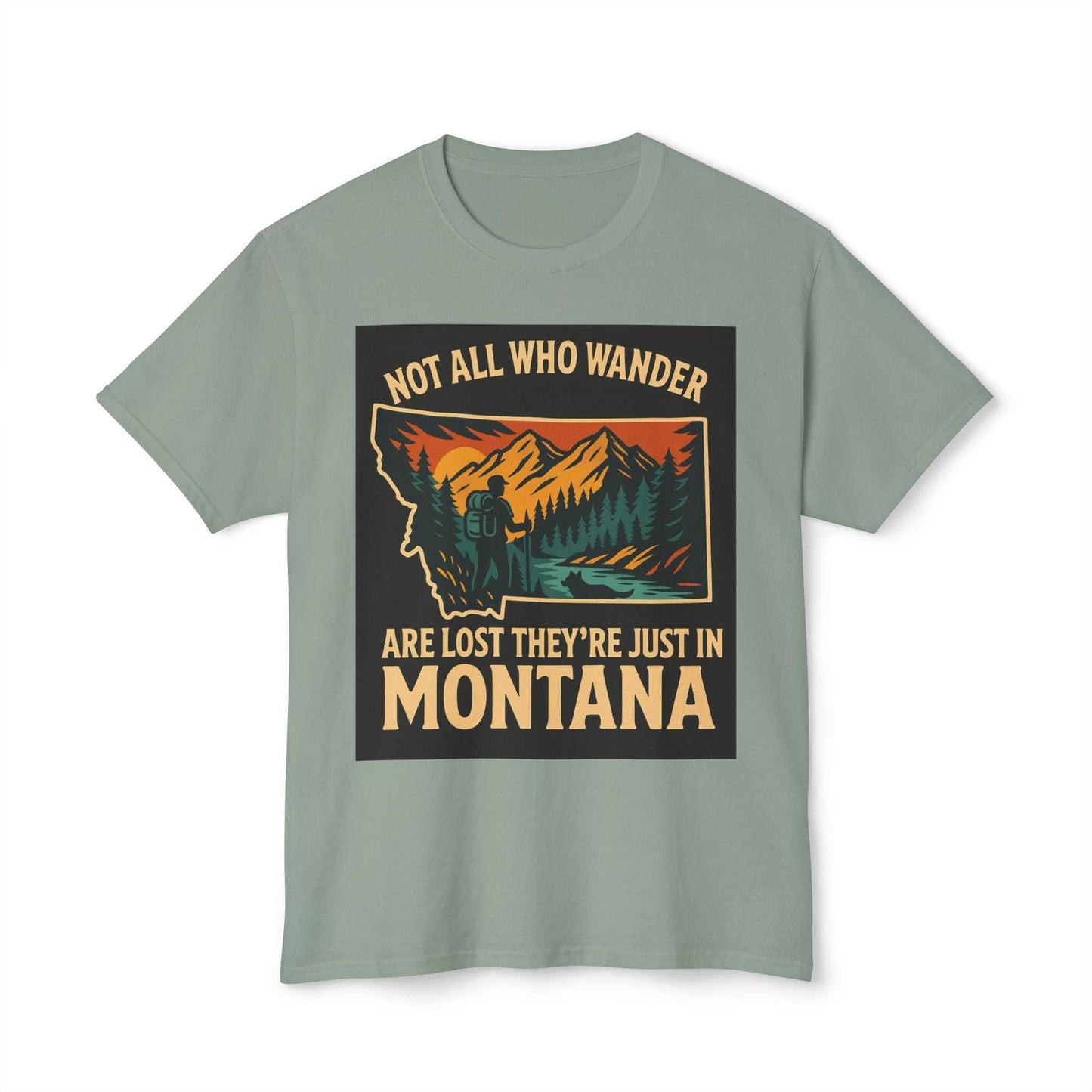 Montana Adventure Tee with nature-inspired design and "Not All Who Wander Are Lost" quote.