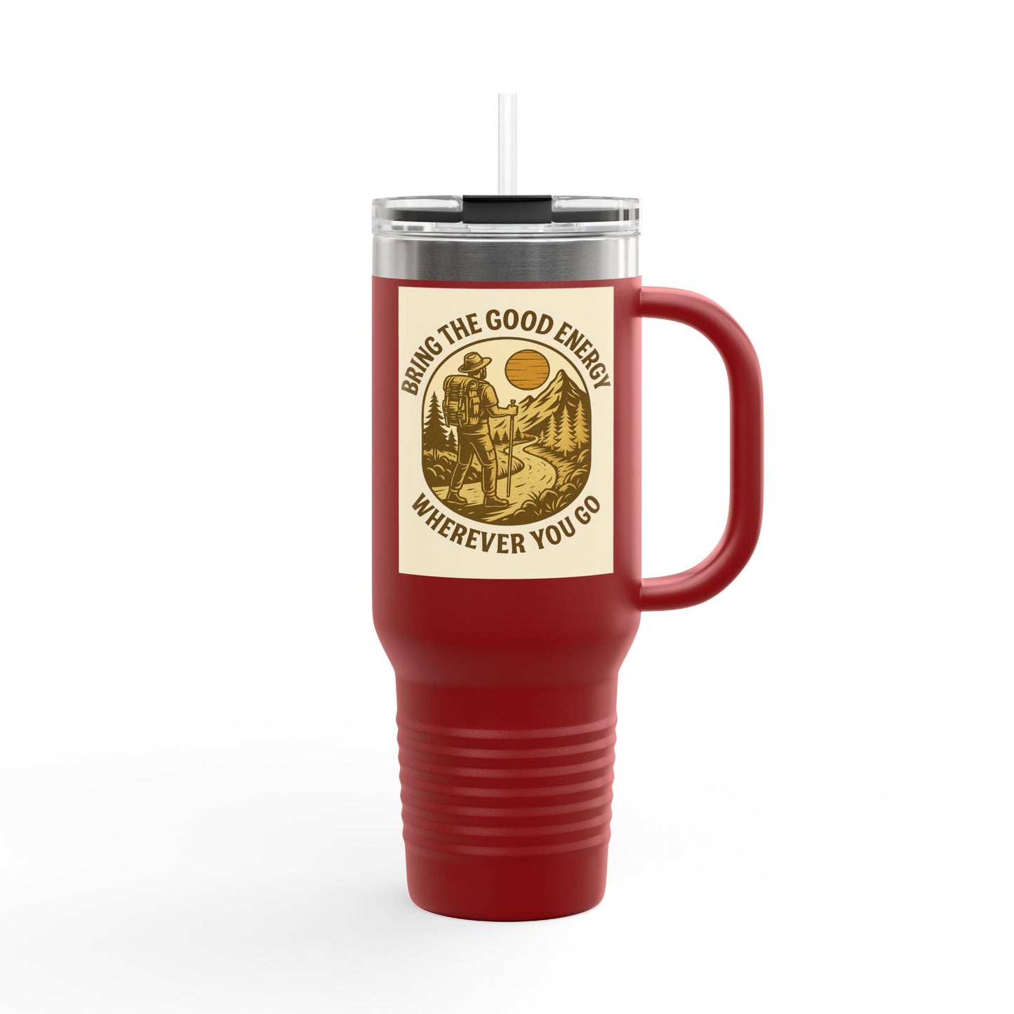 40oz insulated travel mug with positive vibes design, ergonomic handle, and leak-resistant lid.