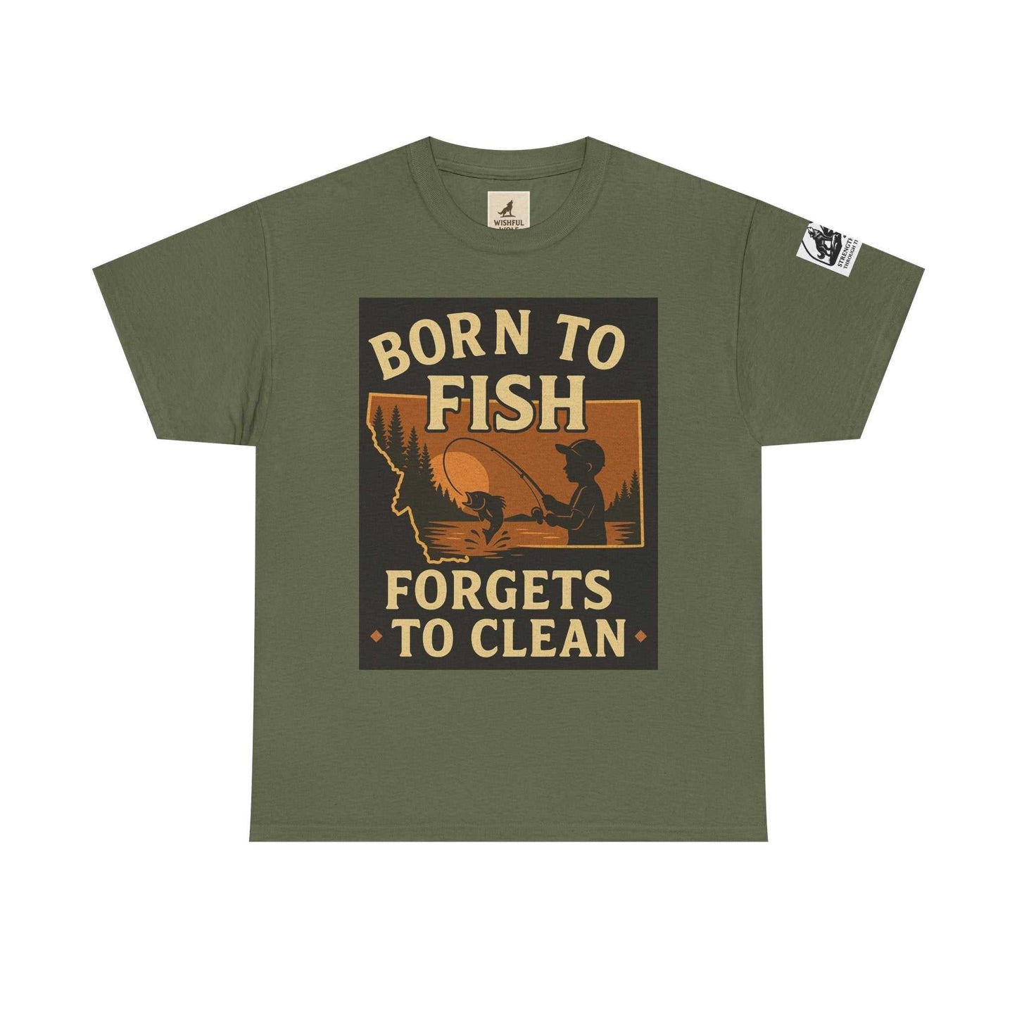 Olive green "Born to Fish, Forgets to Clean" graphic tee for men, perfect for outdoor enthusiasts and fishing trips.