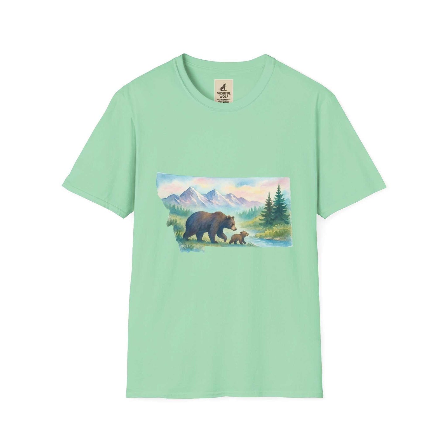 Mint green Montana Adventure Tee featuring a vintage bear graphic with mountains and trees.