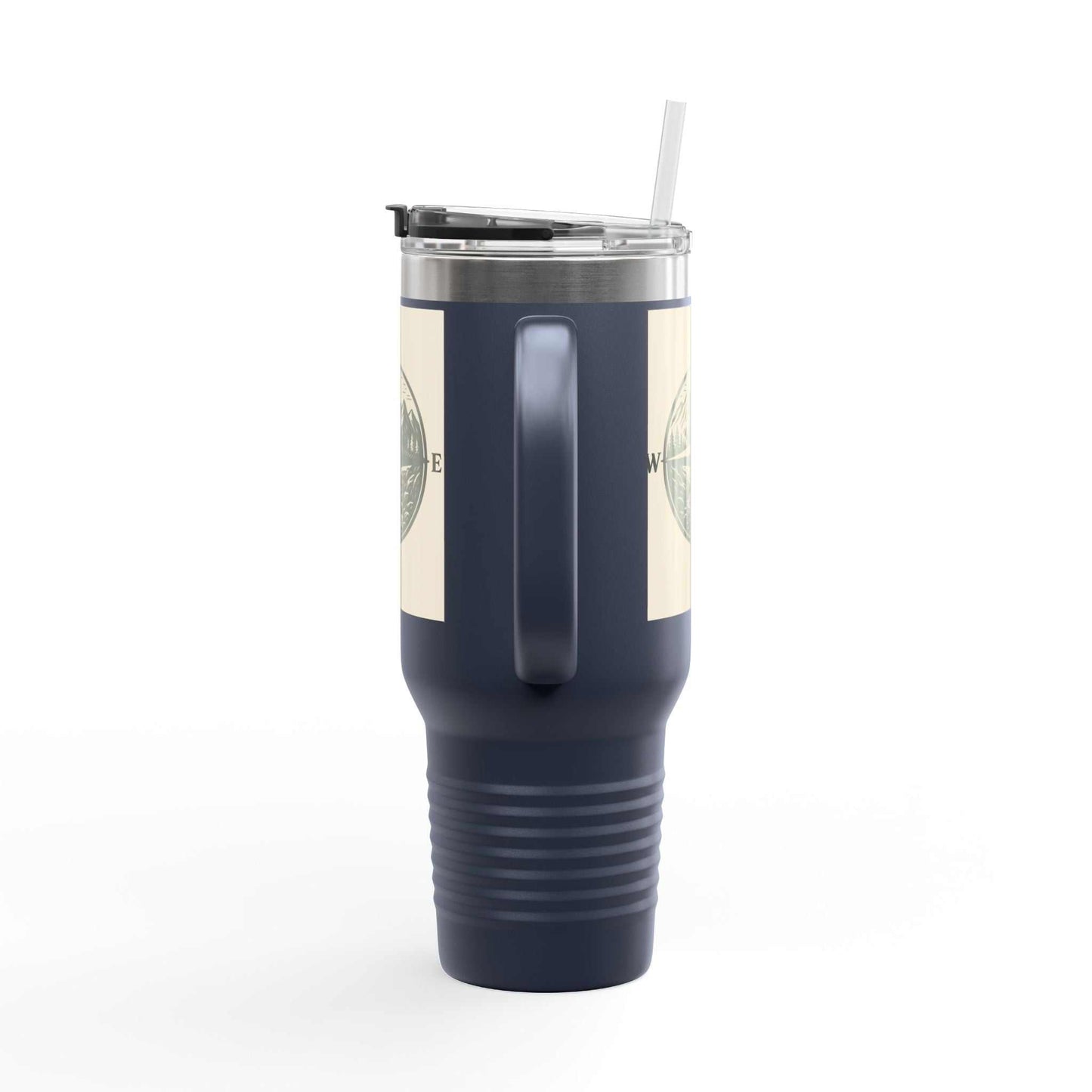 40oz Montana Compass Travel Mug with compass design, insulated stainless steel, ergonomic handle, and leak-proof lid.