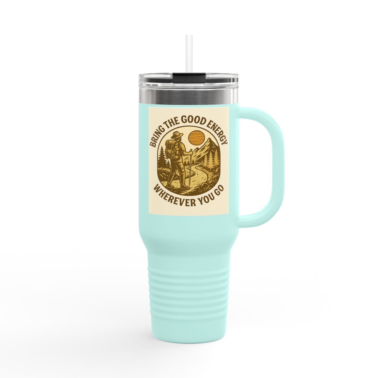 40oz insulated travel cup with positive design and ergonomic handle.