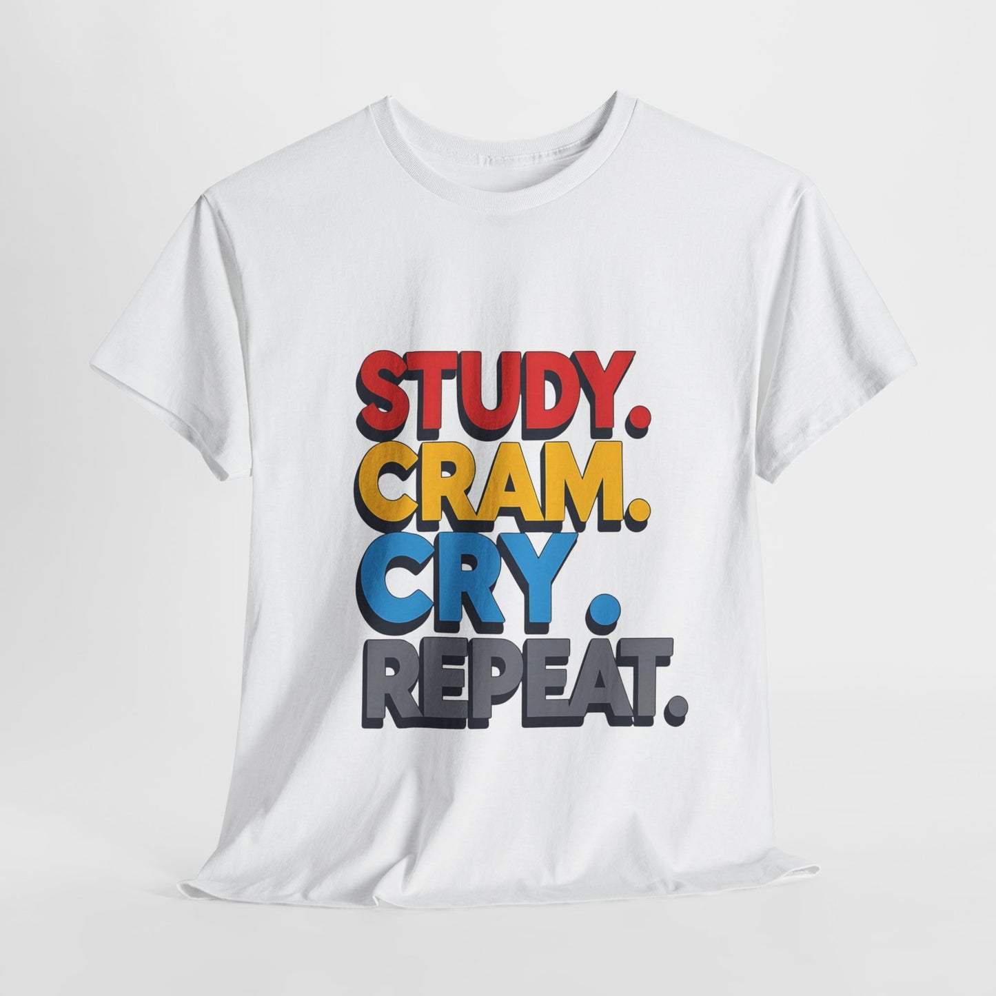 Study Cram Cry Repeat Tee, Unisex Heavy Cotton T-Shirt, Student Gift, College Humor Shirt, Exam Prep Apparel, Funny Study Tee