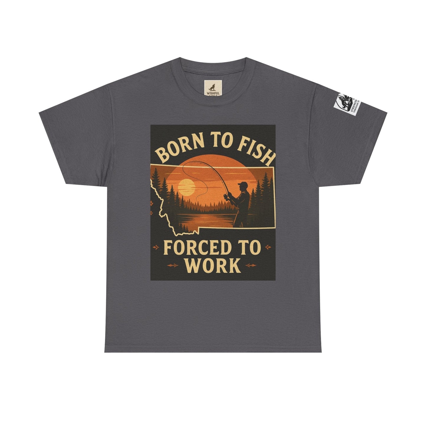 Montana Fishing Tee with "Born to Fish, Forced to Work" graphic, perfect for anglers and nature lovers.