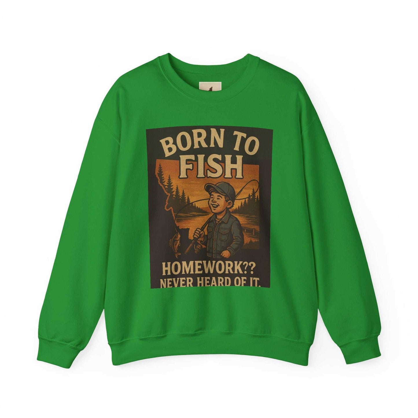 Green Born to Fish Sweatshirt featuring bold design for fishing enthusiasts.