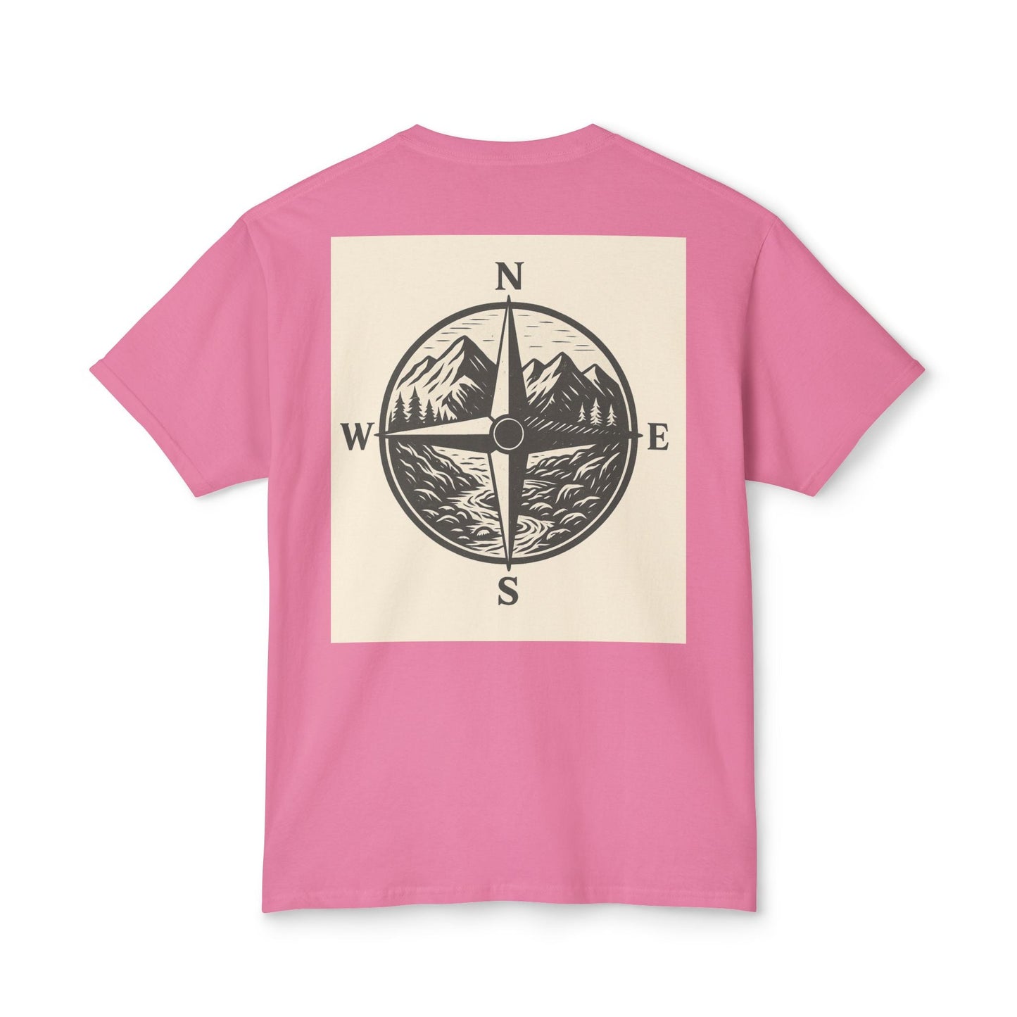 Pink Montana Adventure Tee featuring a nature-inspired compass design on the back, ideal for outdoor enthusiasts.