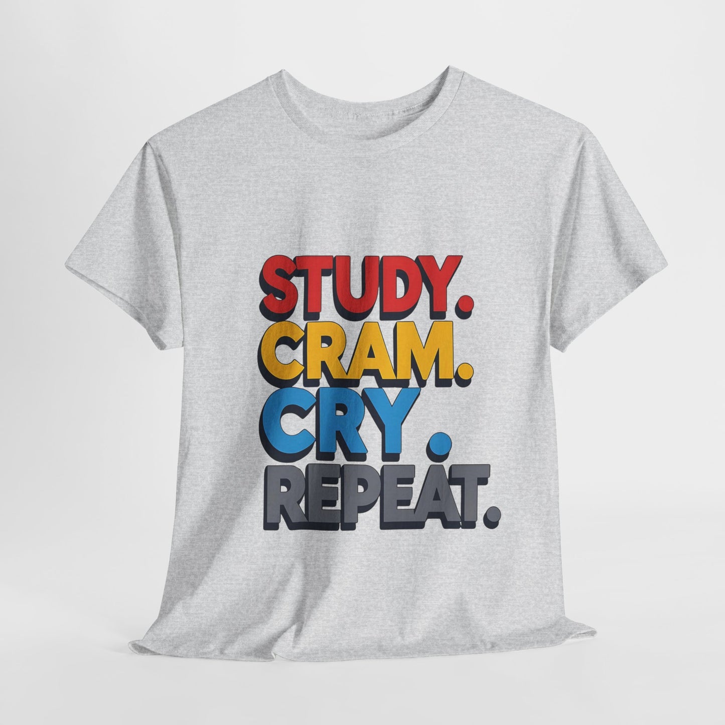 Study Cram Cry Repeat Tee, Unisex Heavy Cotton T-Shirt, Student Gift, College Humor Shirt, Exam Prep Apparel, Funny Study Tee