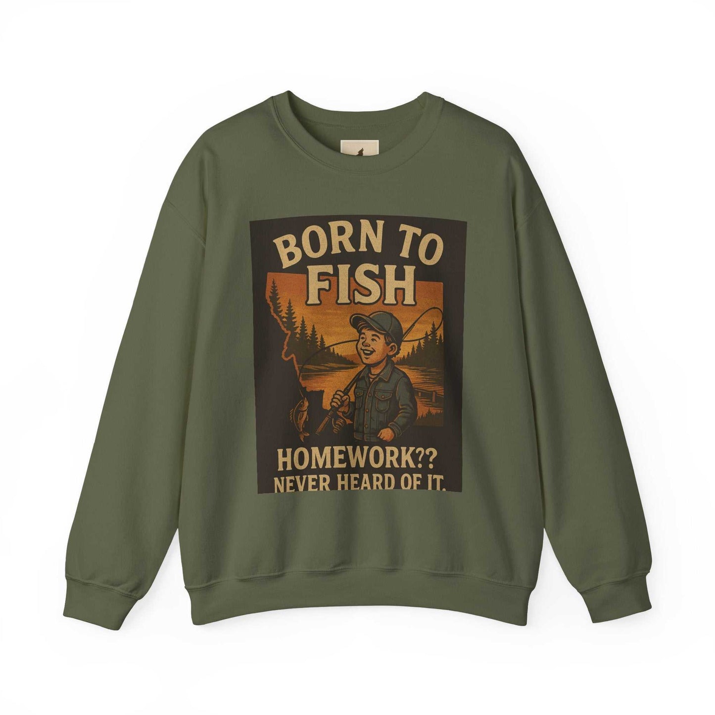 Olive green "Born to Fish" sweatshirt with angler graphic, ideal for fishing enthusiasts.