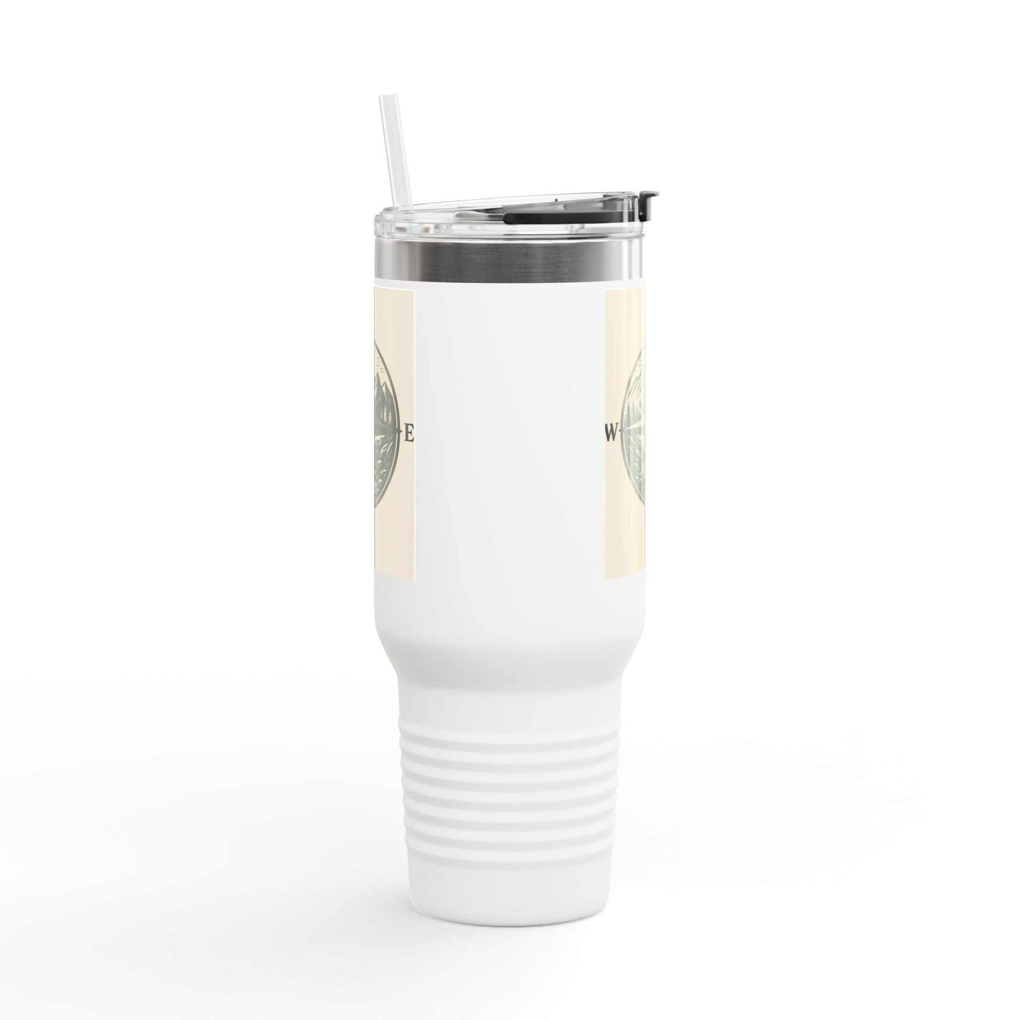 40oz Montana Compass Travel Mug with compass design, stainless steel, leak-proof lid, ergonomic handle.