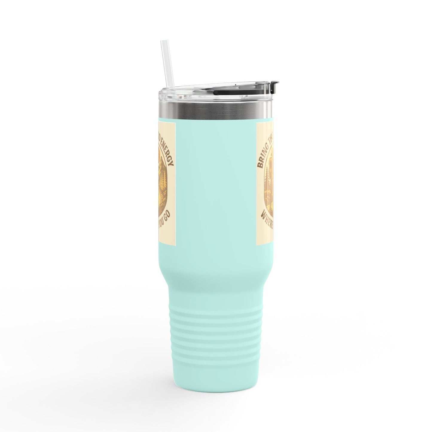 40oz insulated travel cup, Good Energy Only Mug with positive vibes design, ergonomic handle, leak-resistant lid.