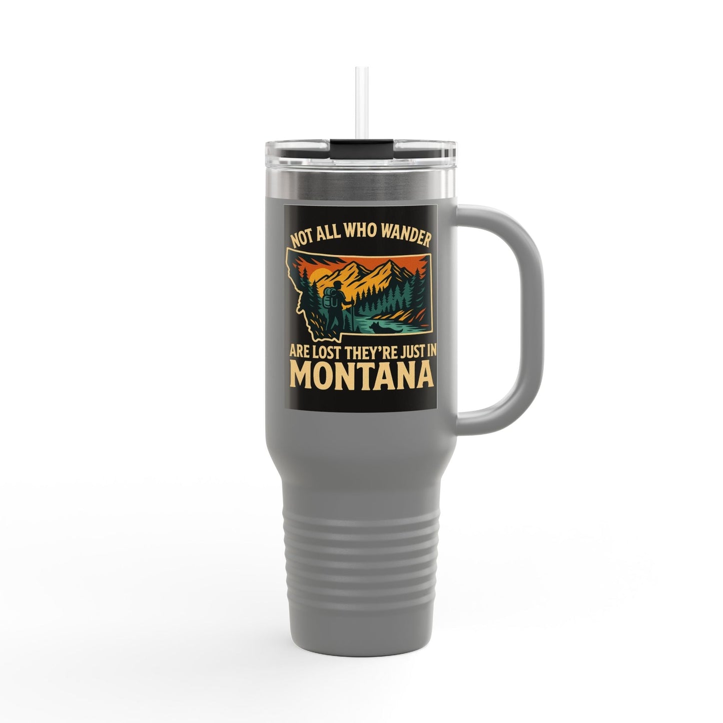 Large insulated Montana Adventure Mug with bold design and ergonomic handle, ideal for explorers and outdoor enthusiasts.