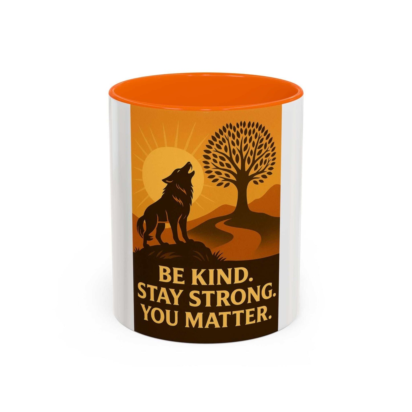 Inspirational Wolf Coffee Mug with motivational quote and nature design in 11oz and 15oz sizes.