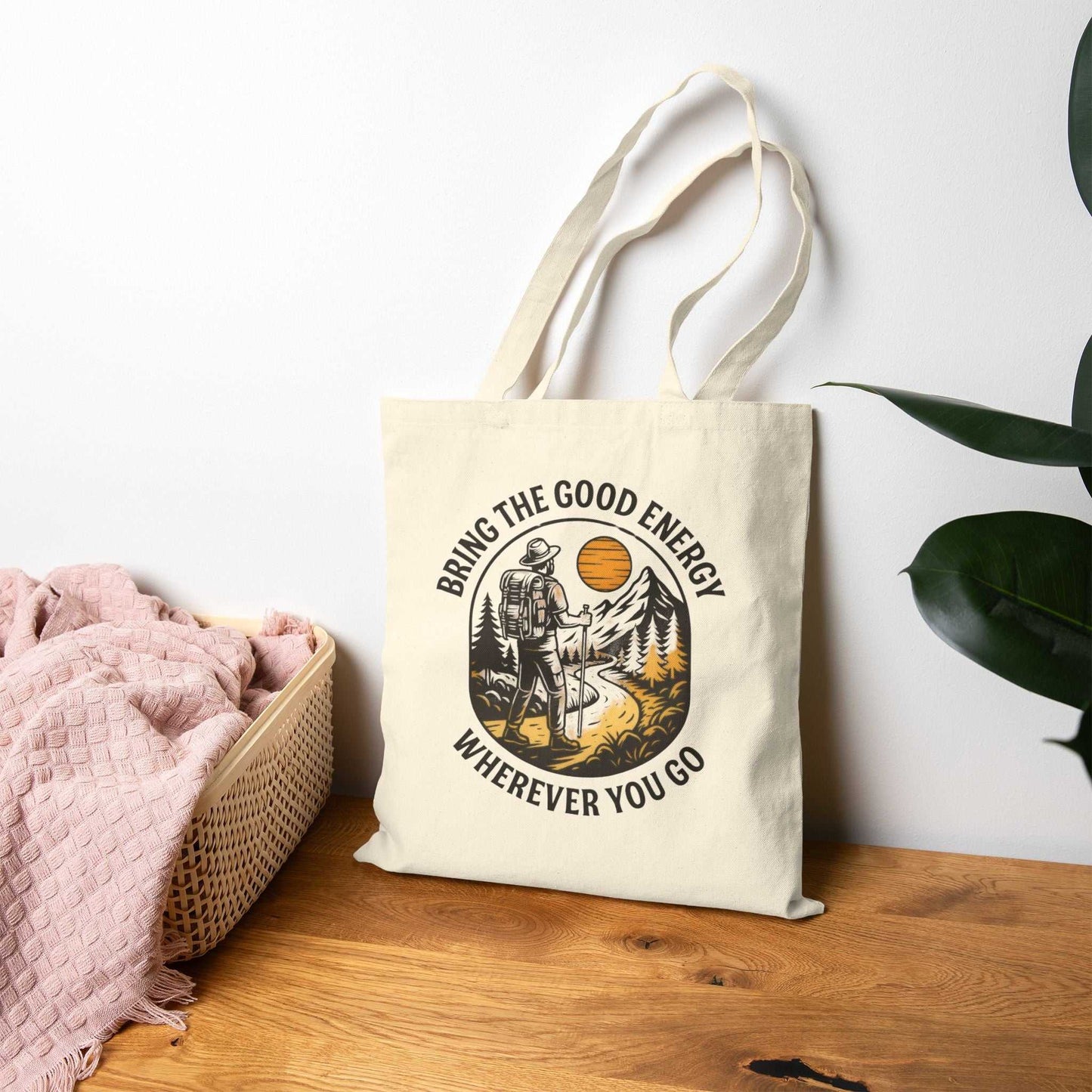Eco-friendly Adventure Tote Bag with hiking-themed print, perfect for nature lovers and explorers.