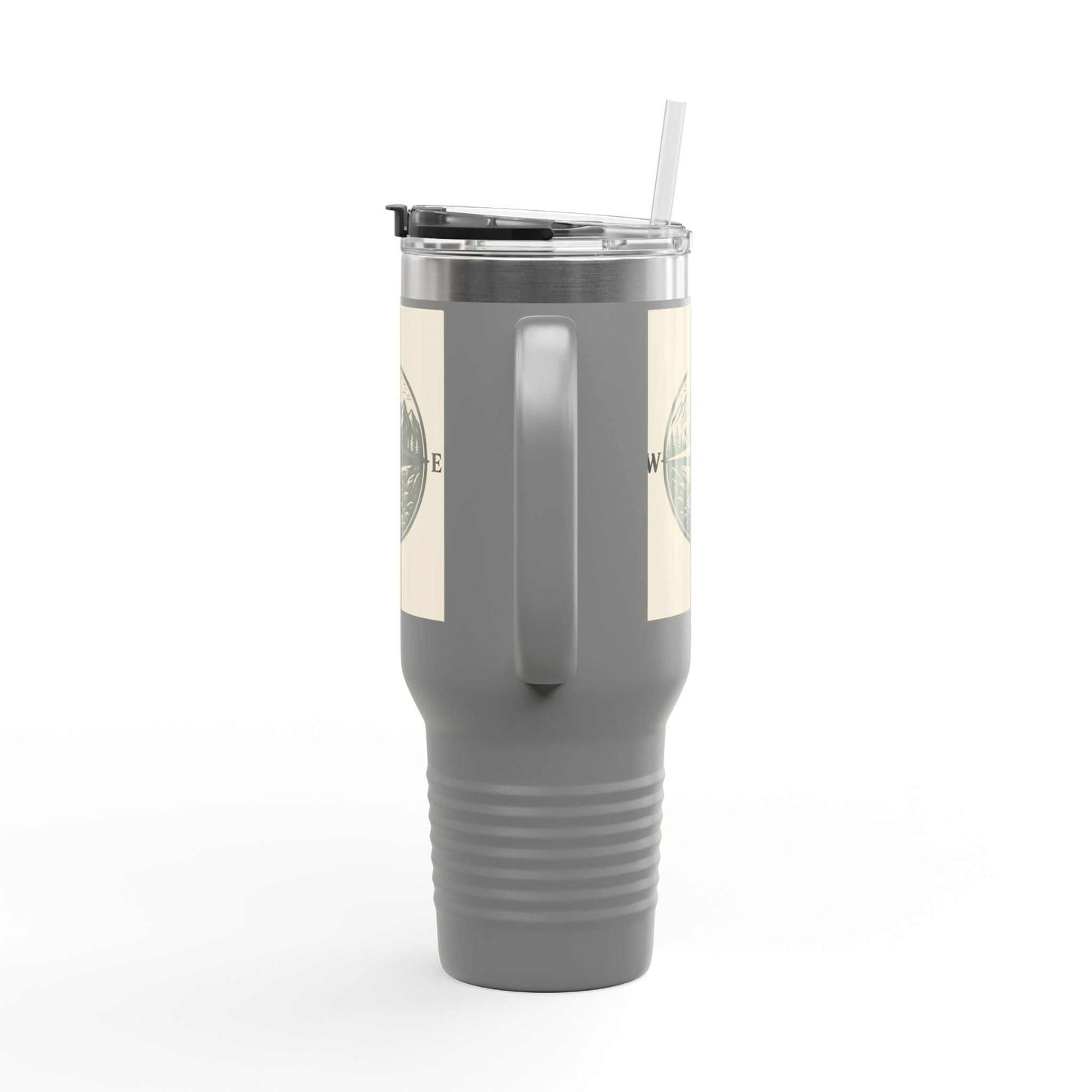 40oz Montana Compass Travel Mug with handle, durable stainless steel with compass design, ideal for outdoor adventures and hot or cold drinks.