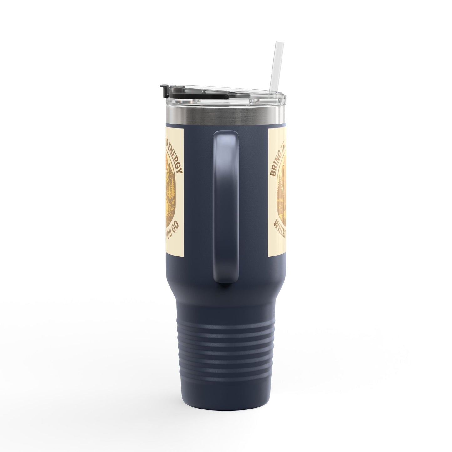40oz insulated travel cup with handle and straw, Good Energy Only Mug design, navy color.