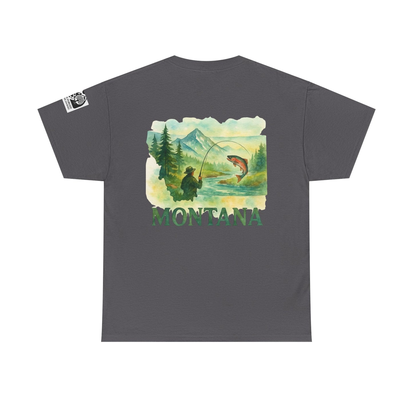 Montana Fishing Tee with nature-inspired graphic and angler design.