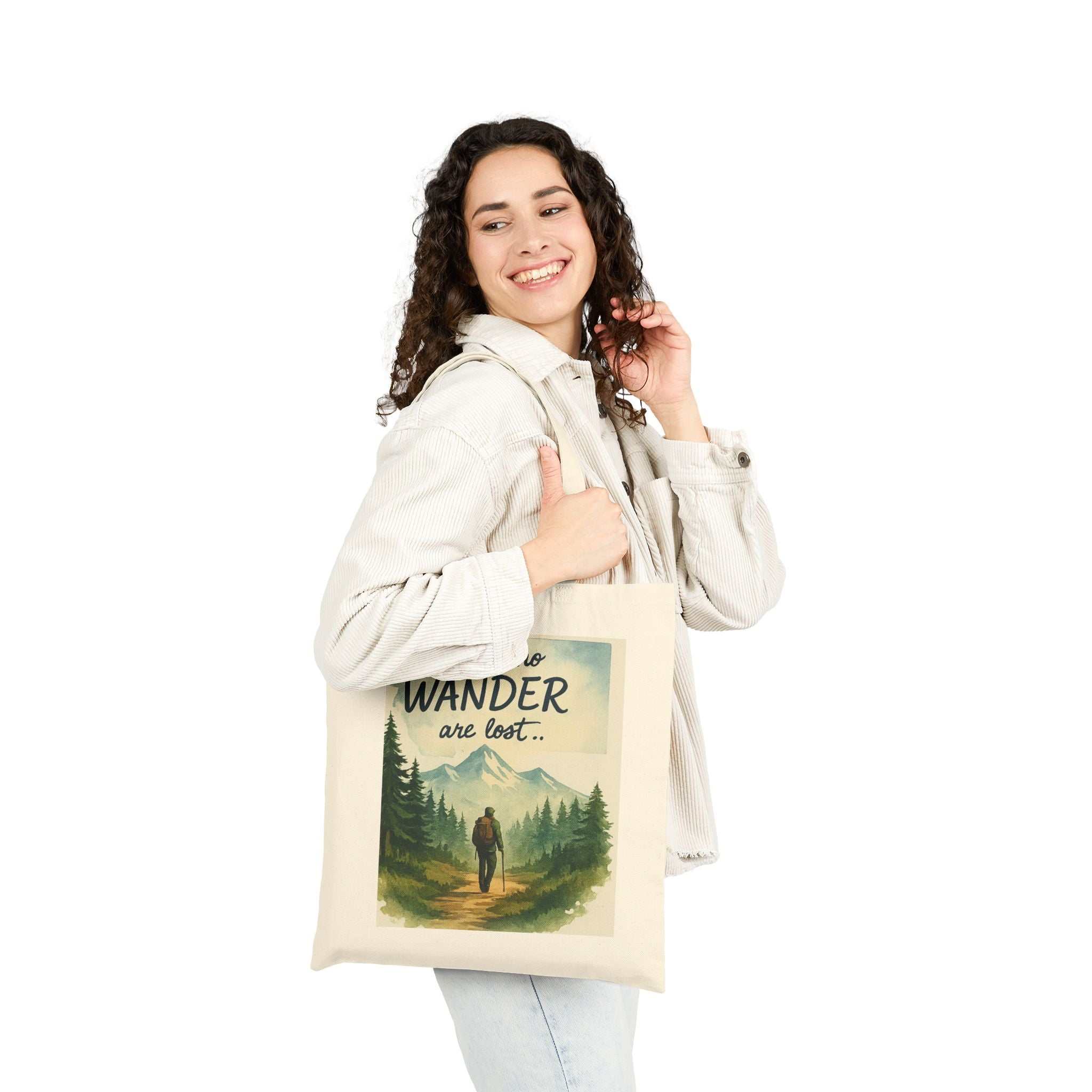 Eco-friendly cotton canvas tote bag with nature-themed design for explorers.