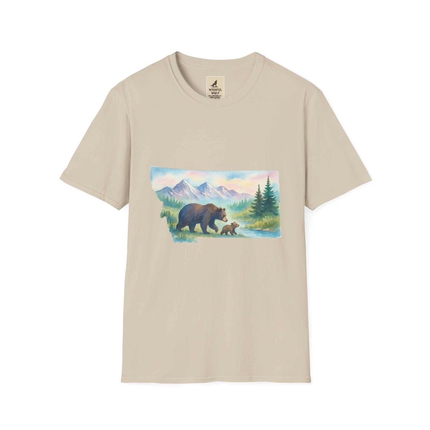 Montana Adventure Tee with wilderness bear graphic against mountain backdrop.