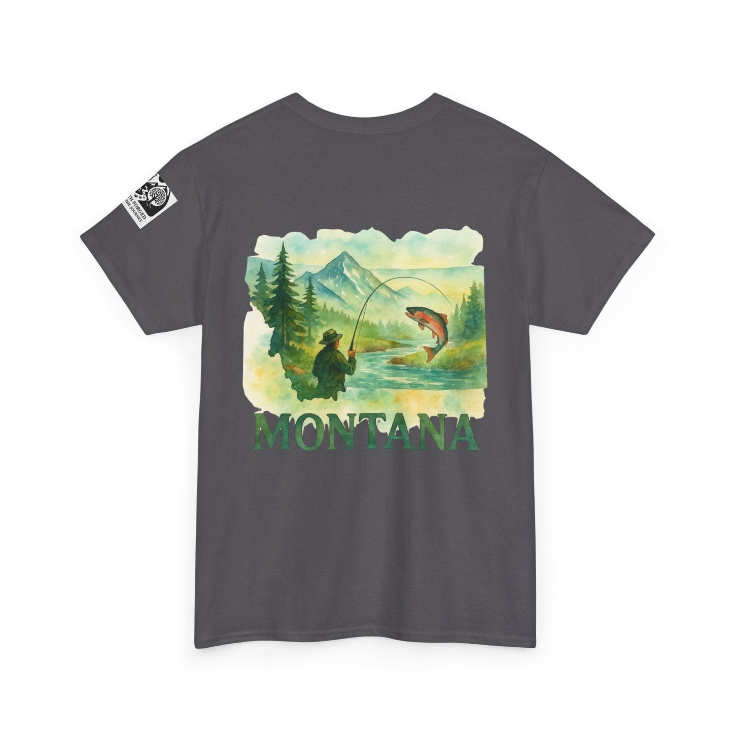 Montana Fishing Tee with "Born to Fish, Forced to Work" graphic, nature scene on the back.