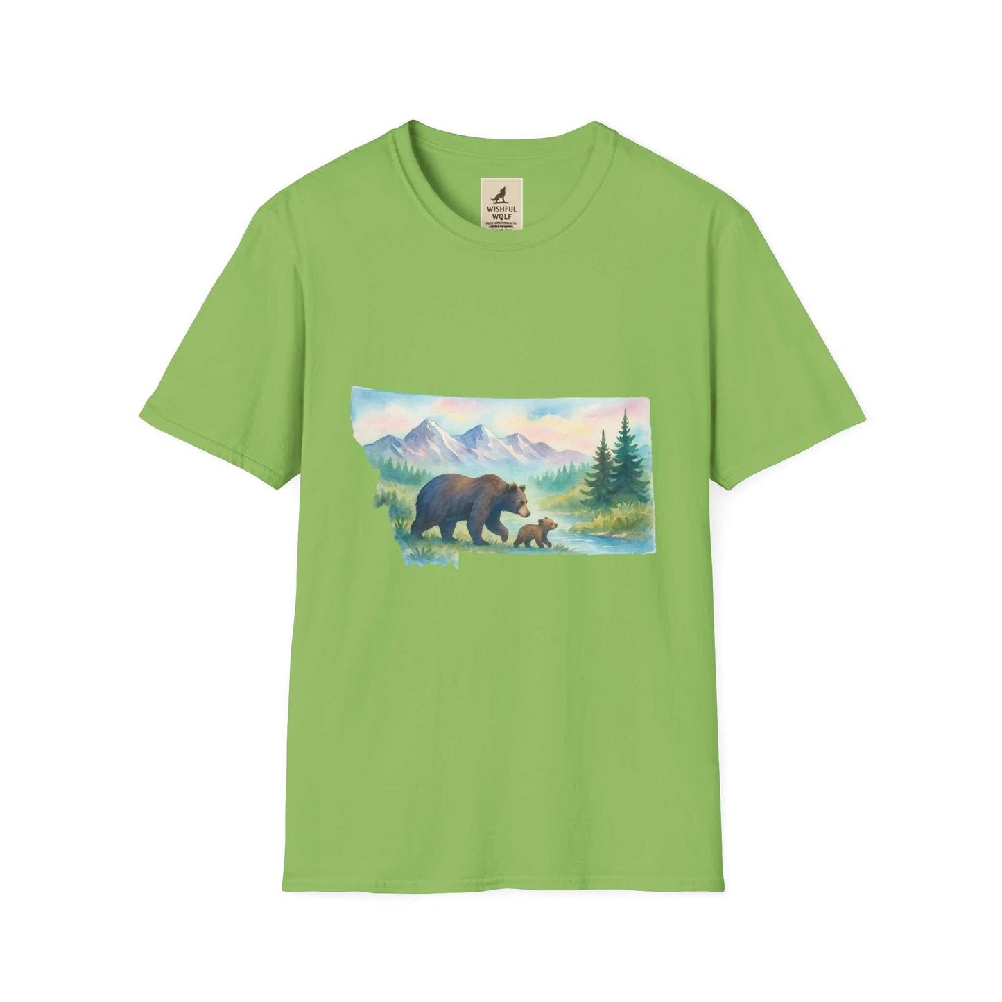 Green t-shirt with vintage bear graphic, Montana Adventure Tee for nature lovers.