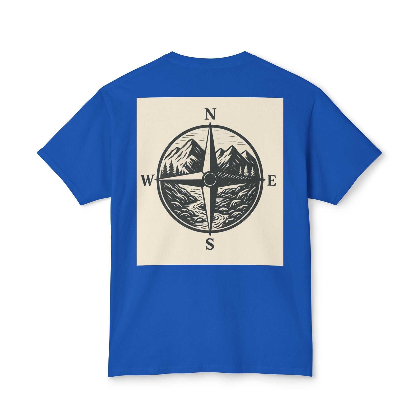 Blue Montana Adventure Tee featuring a nature-themed compass design on the back.
