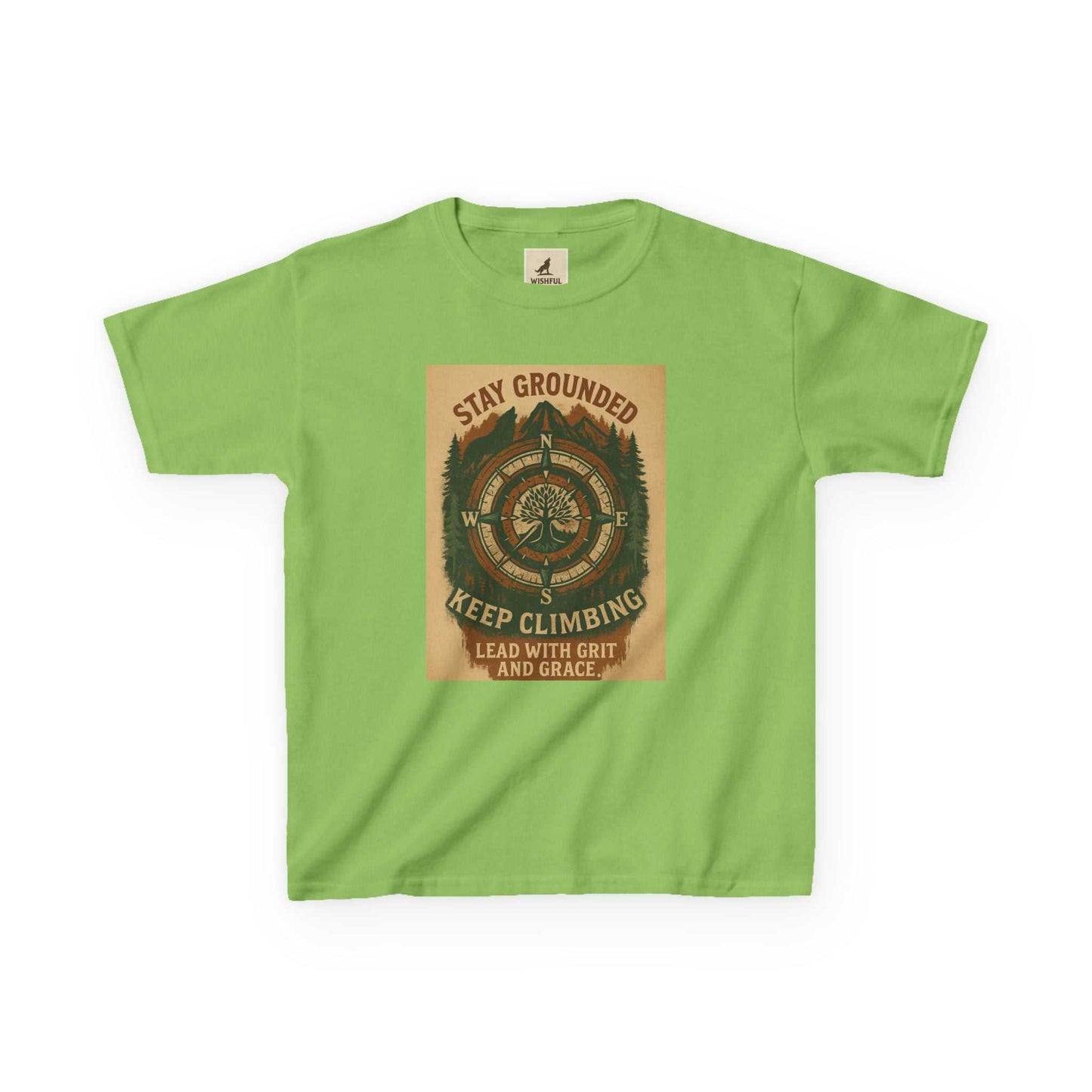 Green Adventure Kids Tee with motivational nature-inspired design, featuring "Stay Grounded & Keep Climbing" message. Ethically sourced cotton for young explorers.