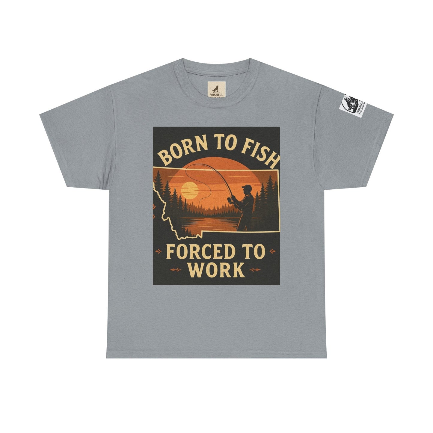 Montana Fishing Tee with "Born to Fish, Forced to Work" graphic design for nature lovers.