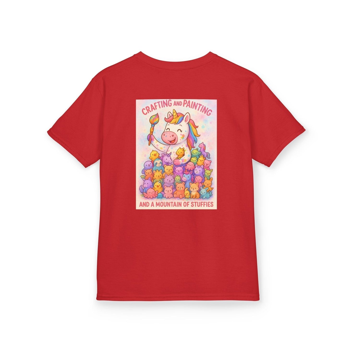 Red kids T-shirt with whimsical animal graphics, showcasing colorful and imaginative designs.