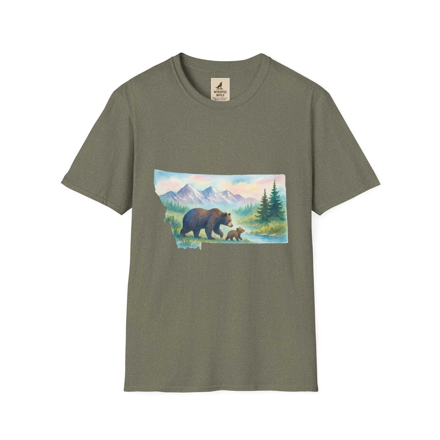 Montana Adventure Tee with bear graphic and mountain landscape, perfect for nature enthusiasts.