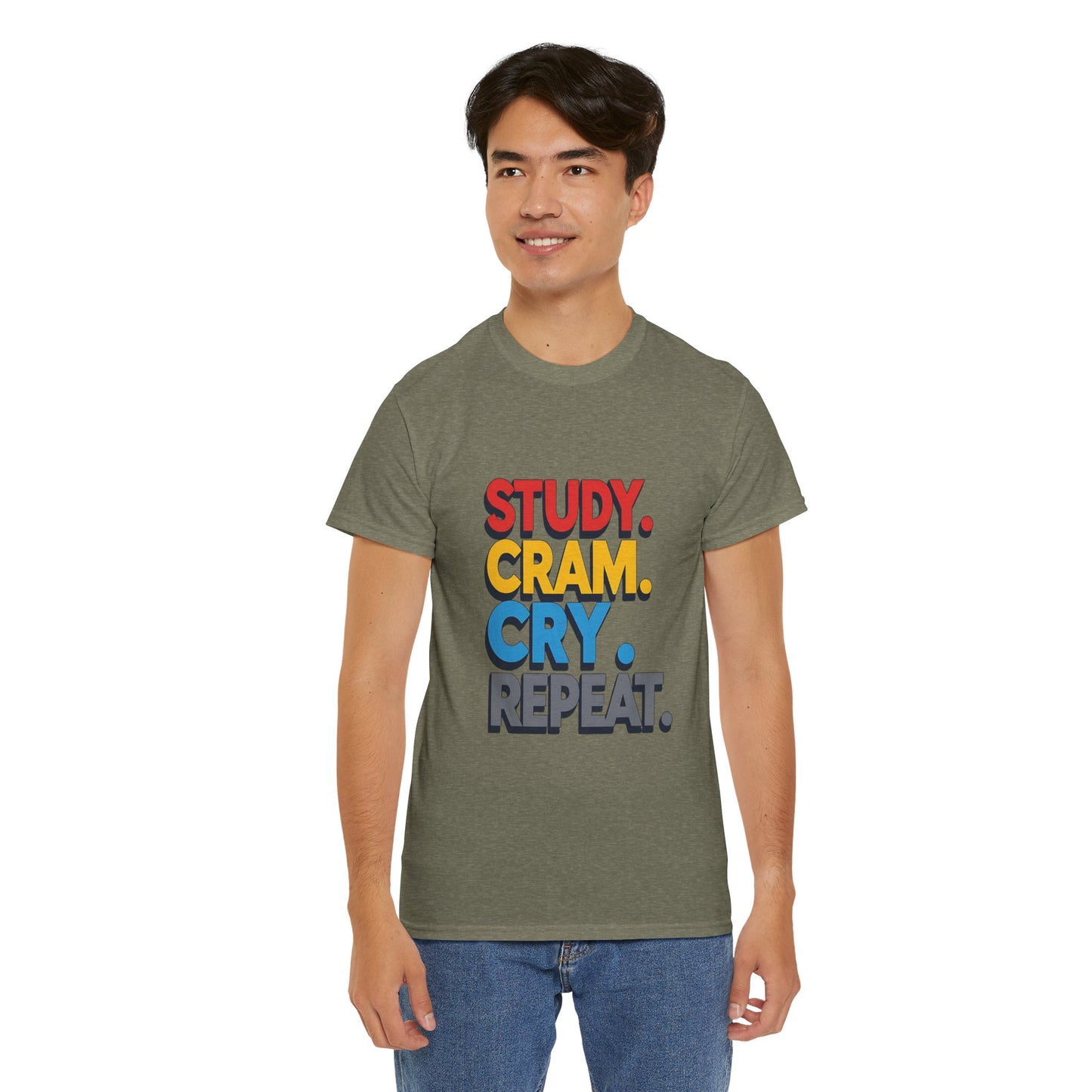 Study Cram Cry Repeat Tee, Unisex Heavy Cotton T-Shirt, Student Gift, College Humor Shirt, Exam Prep Apparel, Funny Study Tee