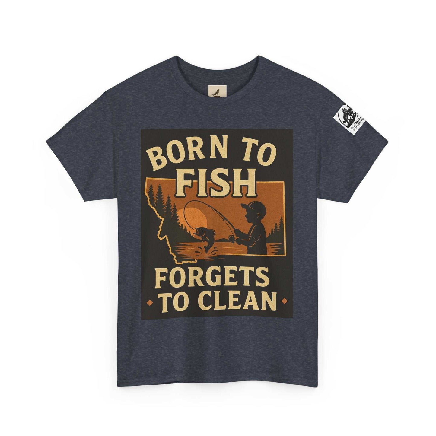 Fishing Cotton Tee for Men with graphic "Born to Fish Forgets to Clean", outdoor summer shirt.