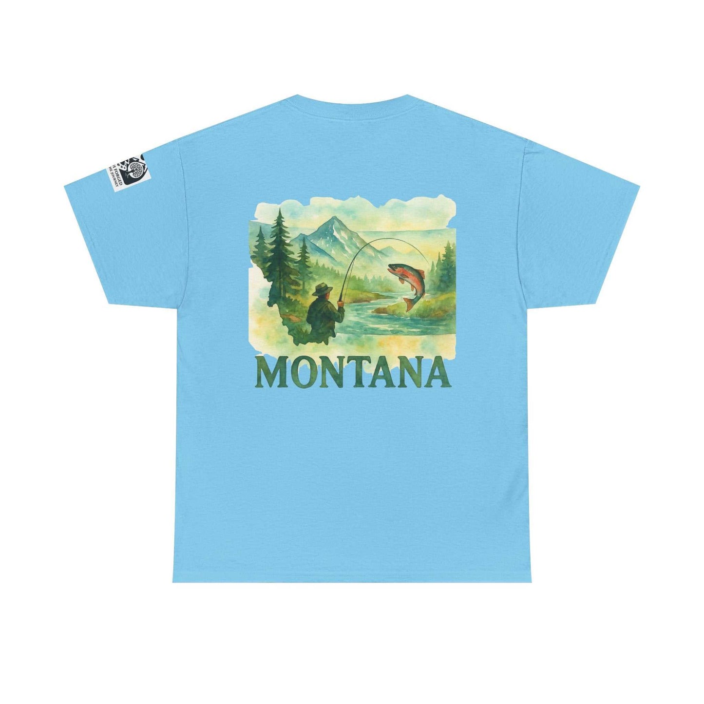 Blue Fishing Cotton Tee for Men featuring a scenic outdoor graphic with "Montana" text.