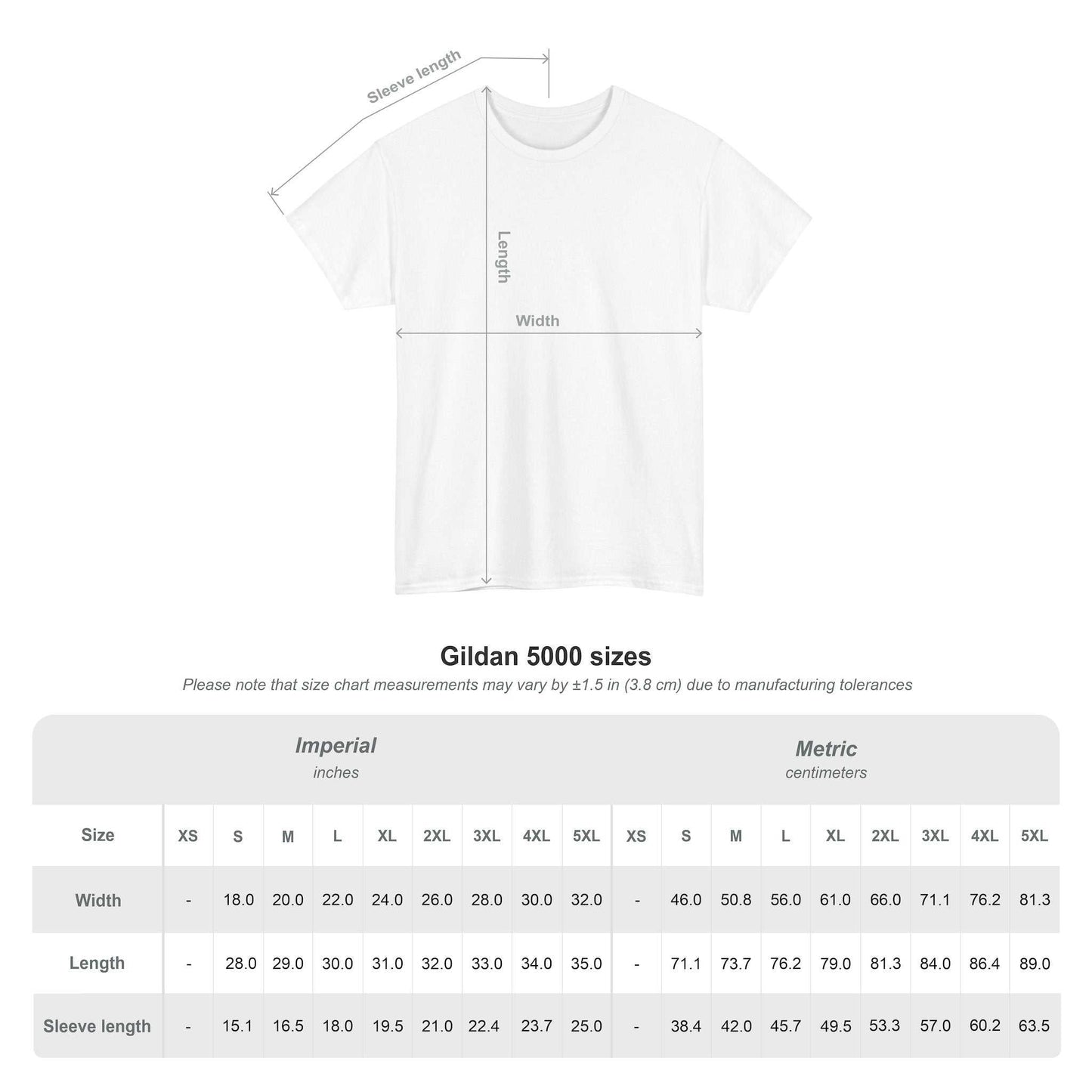 Fishing Cotton Tee for Men size chart image with imperial and metric measurements.