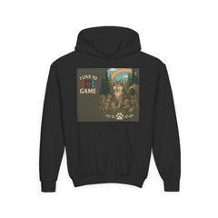 Youth Wildlife Hoodie for kids featuring nature-inspired graphics with motivational quote, soft cotton-poly blend, and spacious kangaroo pocket.