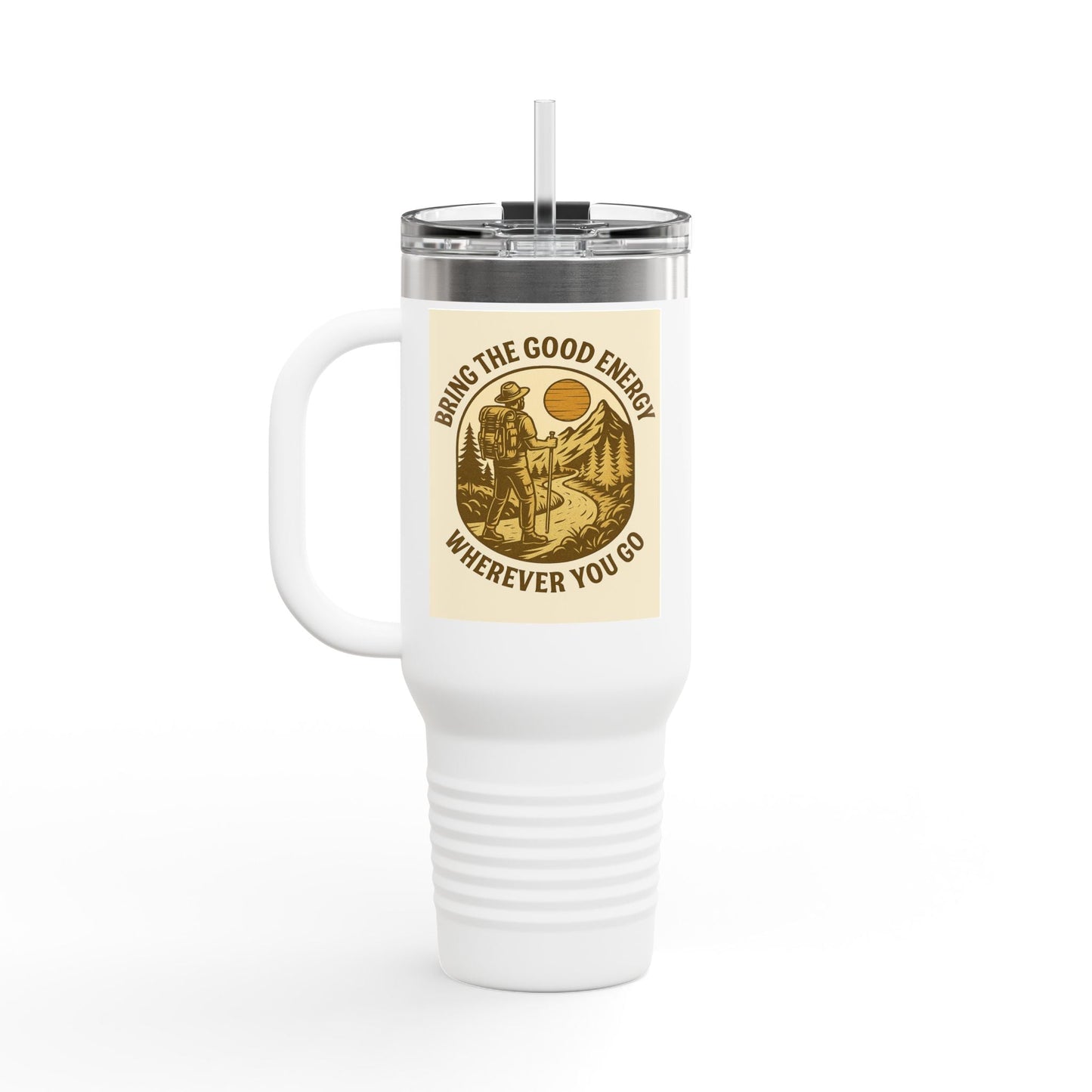 40oz insulated travel cup with positive vibes design, Good Energy Only Mug.