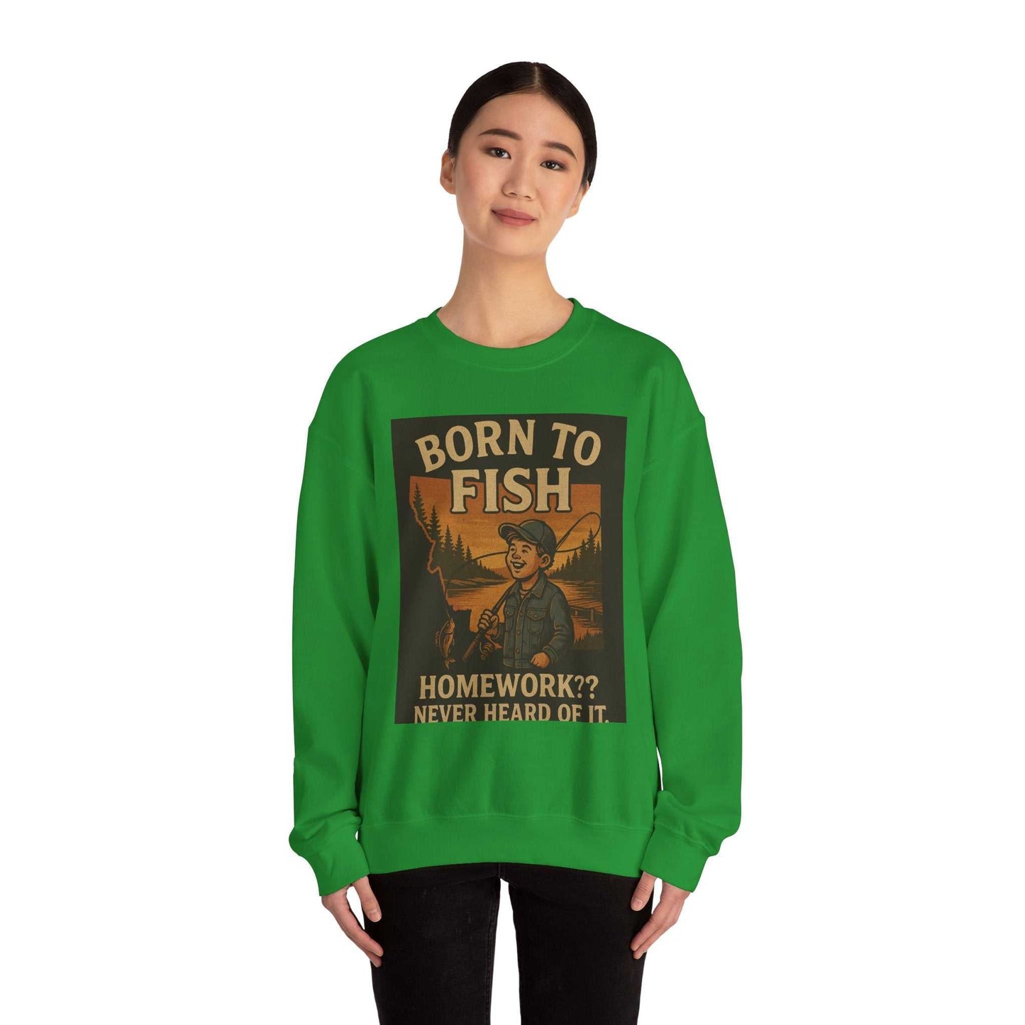 Green "Born to Fish" sweatshirt featuring a vintage angler design for fishing enthusiasts.