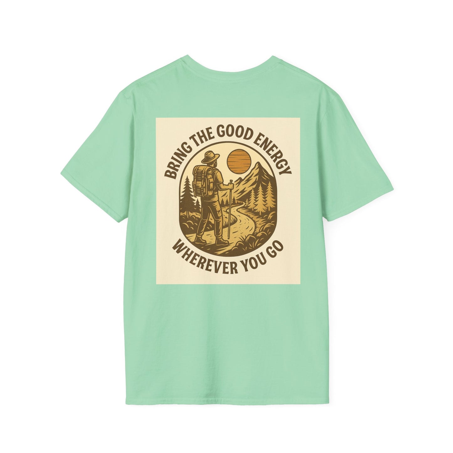 Scenic graphic tee with mountain-inspired design for nature fans, featuring a hiker and the text "Bring the Good Energy Wherever You Go."