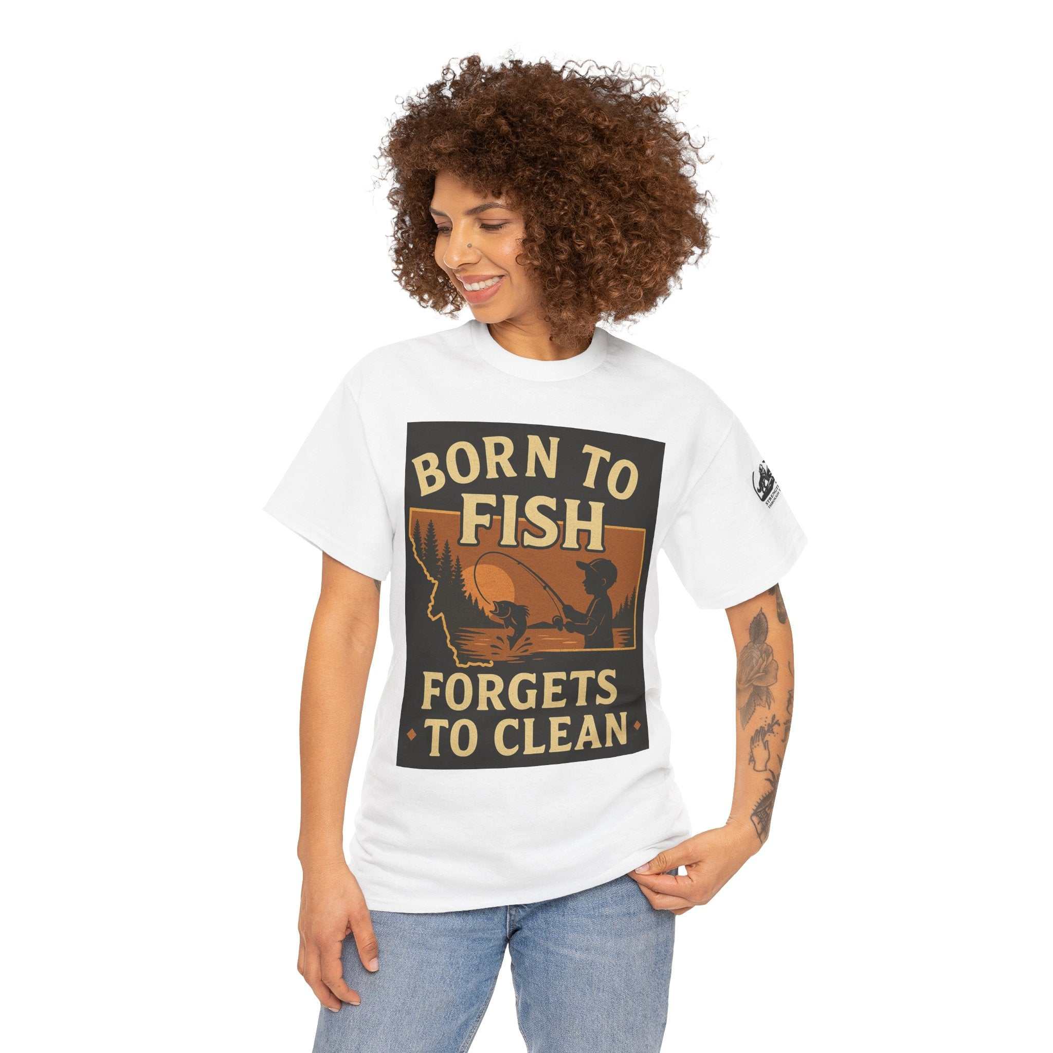 Fishing Cotton Tee for Men with "Born to Fish, Forgets to Clean" graphic, ideal for outdoor enthusiasts.