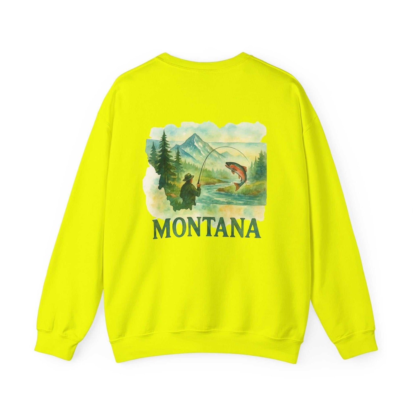 Bright yellow "Born to Fish" sweatshirt featuring a fishing scene with "Montana" text on the back. Perfect for anglers embracing the fishing lifestyle.