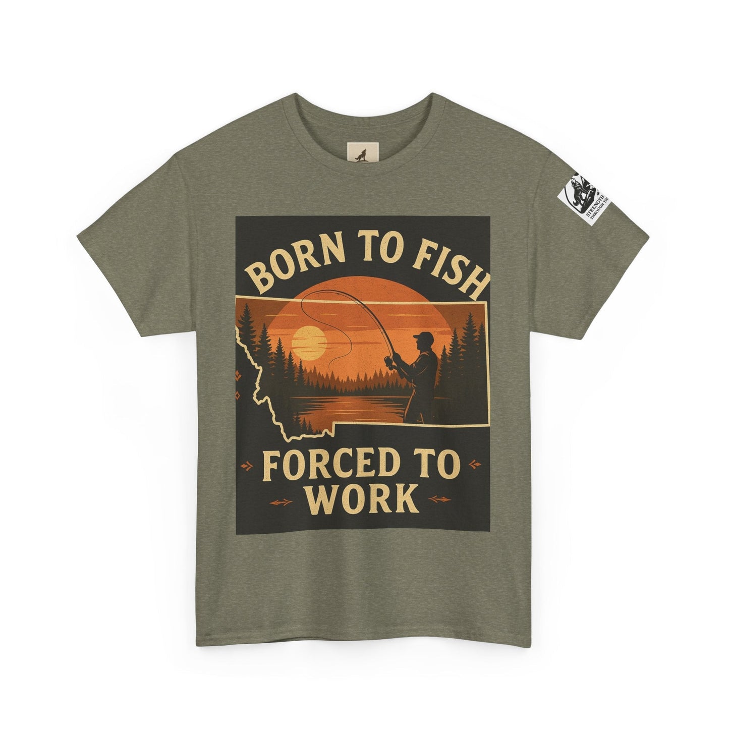 Montana Fishing Tee with "Born to Fish, Forced to Work" graphic, perfect for nature lovers.