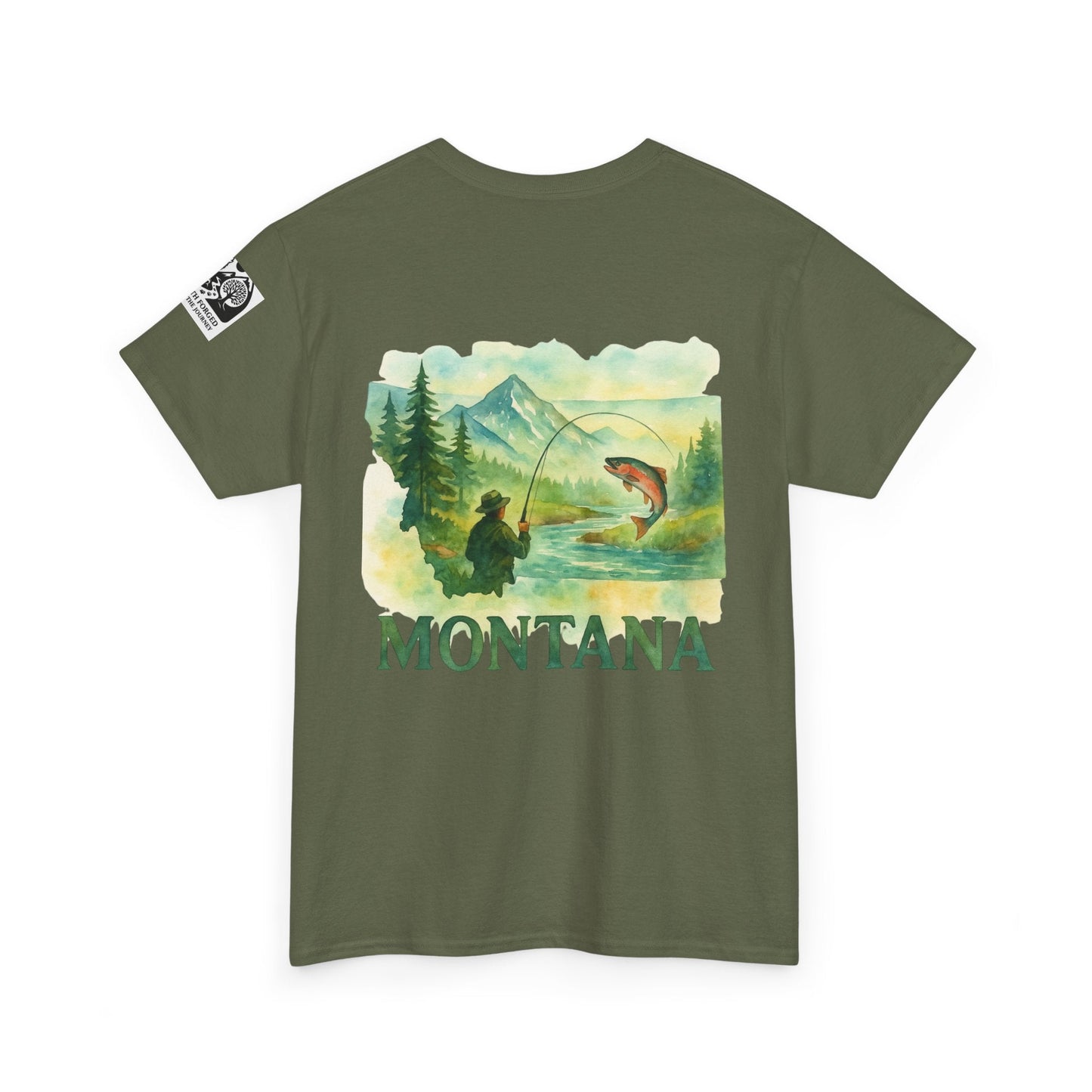 Montana Fishing Tee with "Born to Fish" graphic, featuring a nature scene, ideal for nature lovers and anglers.